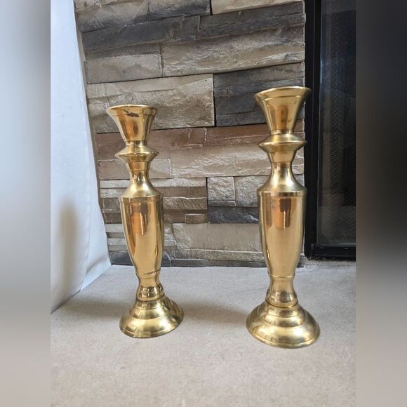 Vintage Brass Large Tall Taper Candlestick Holders 11' Set Of 2 - Picture 10 of 13